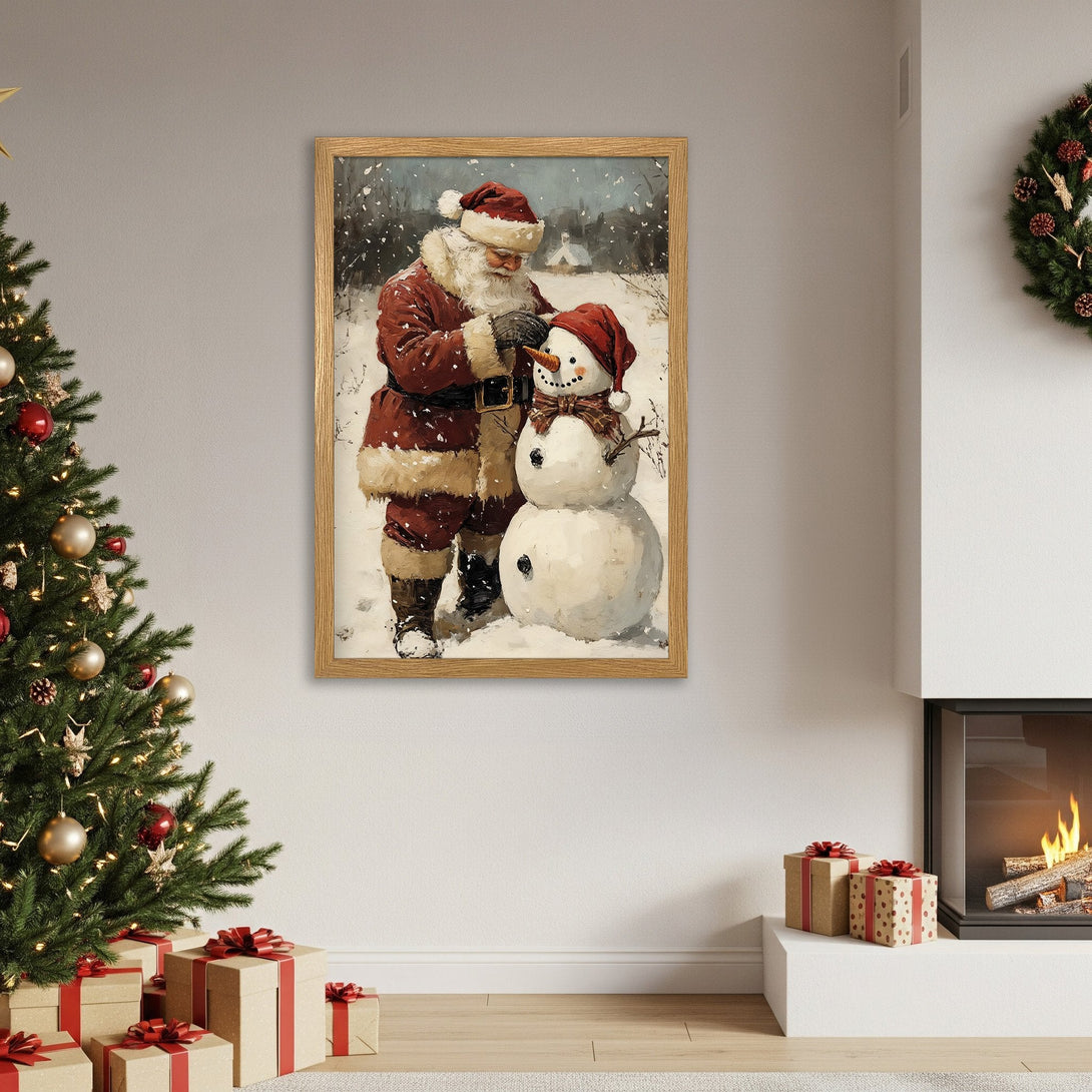 Framed Poster featuring Santa building a snowman, warm winter scene with a red and brown color palette, perfect holiday decor.