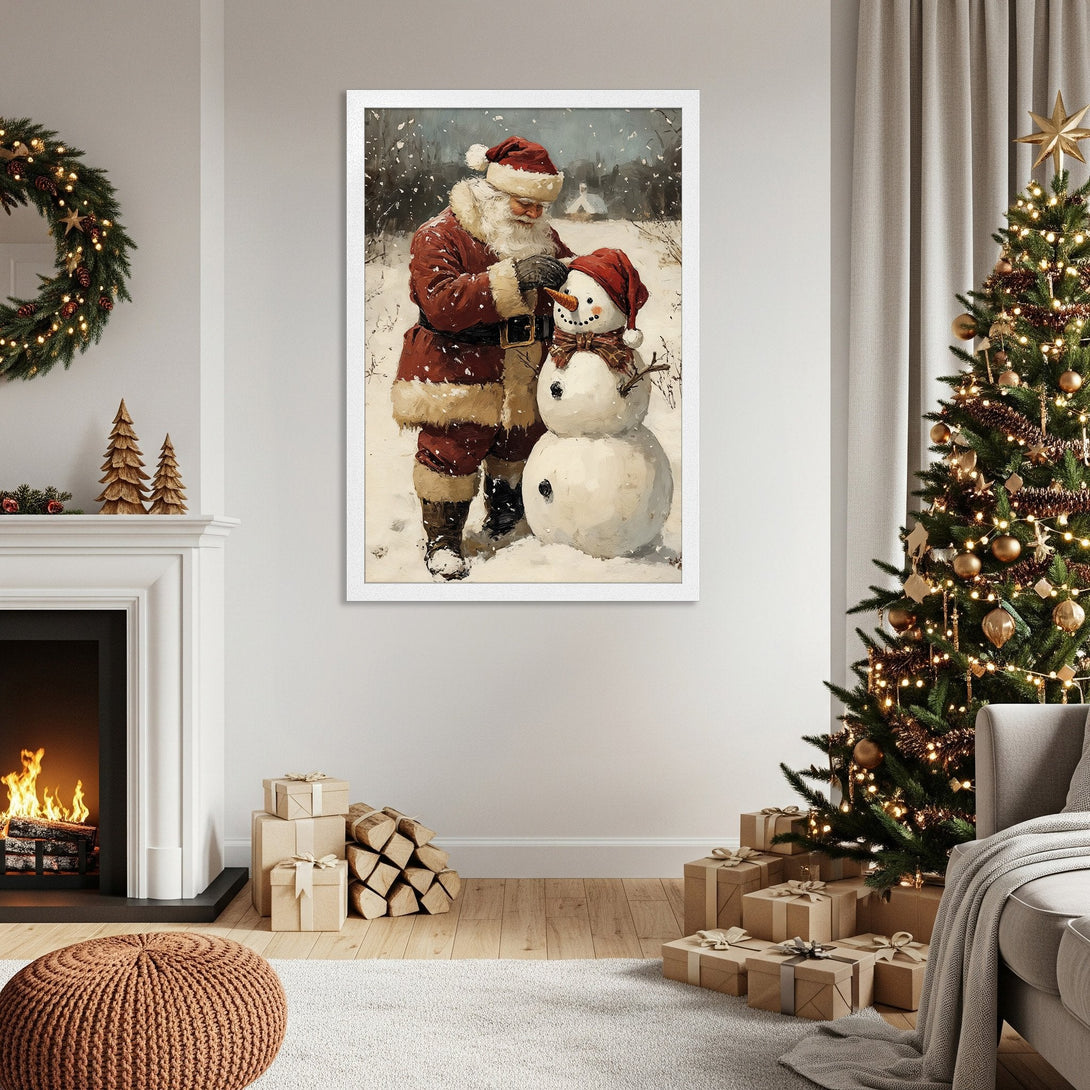 Framed Poster featuring Santa and snowman in a winter scene, warm red and white palette, perfect for holiday decor.