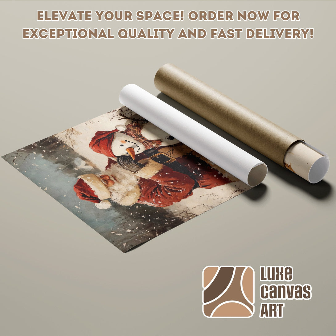 Christmas Poster Roll with Santa & Snowman art, warm palette. Elevate your space!