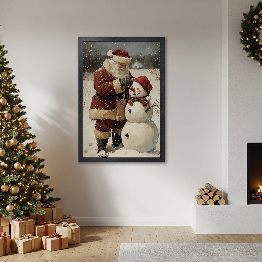 Framed Poster featuring Santa Claus building a snowman, vintage style, warm red and white color palette, perfect for Christmas decor.