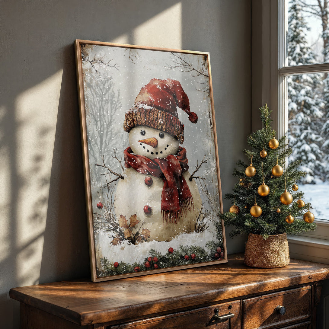 Framed Wall Art: Charming watercolor snowman in a winter scene, warm red and neutral tones. Perfect holiday decor for a cozy, inviting space.