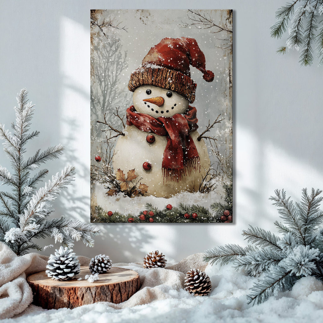Framed Wall Art: Winter snowman painting with red accents in a cozy interior. Perfect holiday decor in a warm, inviting color palette.