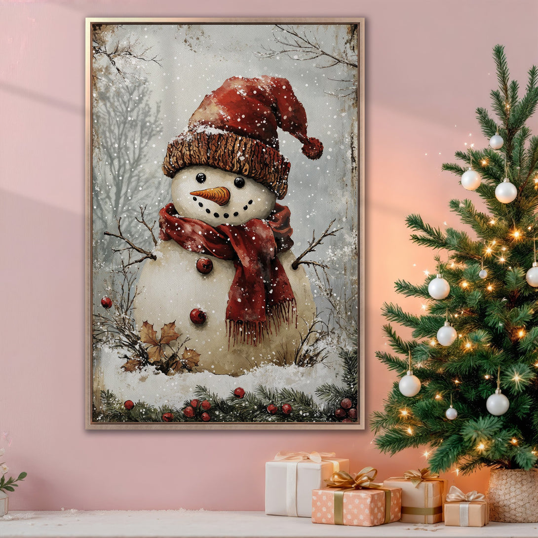 Framed Wall Art: Whimsical snowman art in a cozy winter scene. Rustic style with red, brown, and neutral tones. Perfect Christmas decor for your home!