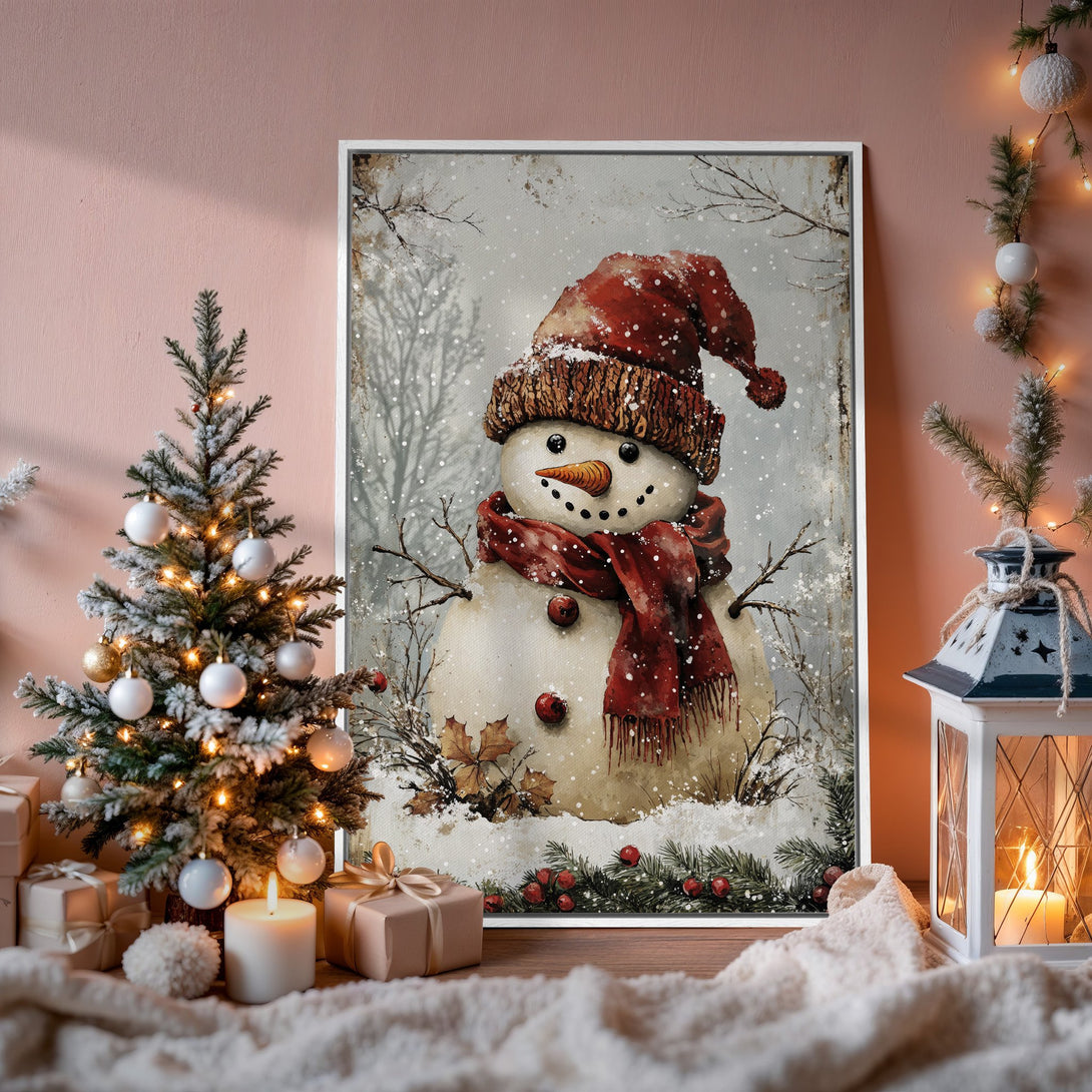 Framed Wall Art featuring a charming snowman in a snowy scene. Rustic style with a warm red, white, and neutral color palette, perfect for holiday decor.