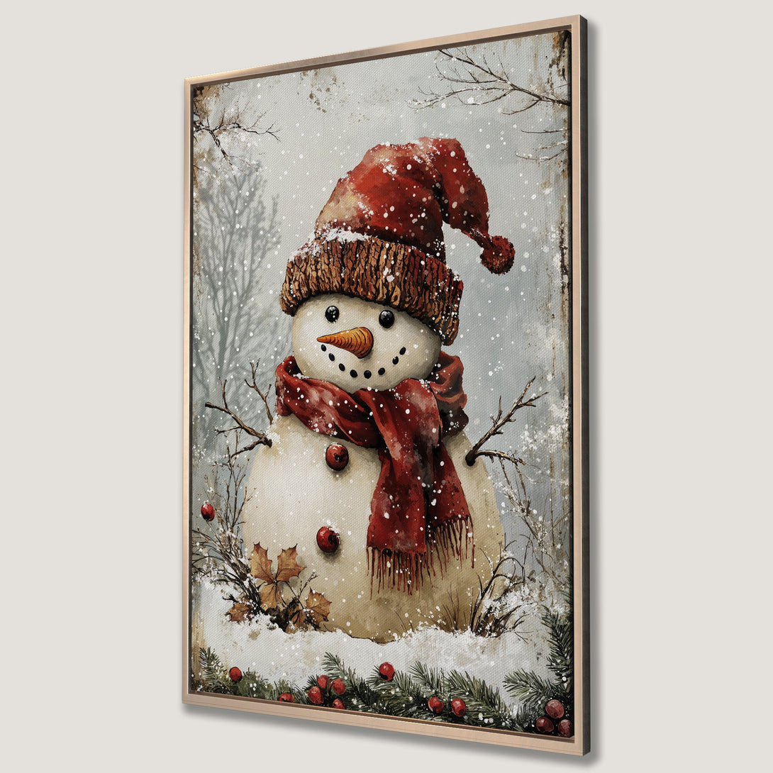 Framed Wall Art: Watercolor snowman in red and brown winter attire. Festive canvas print perfect for holiday decor, adding warmth and charm to any room.