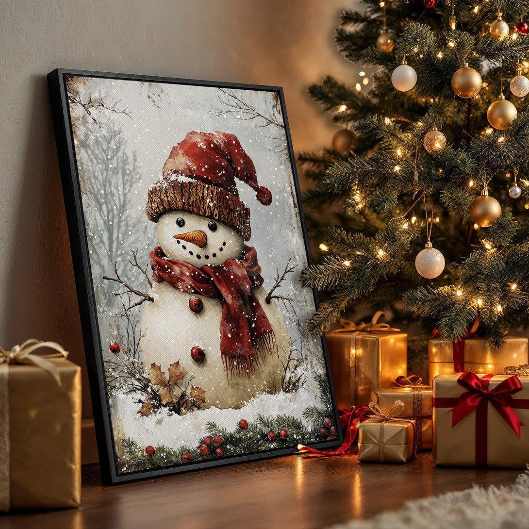 Framed Wall Art featuring a charming snowman in a winter scene. Warm red and neutral color palette. Perfect holiday decor for your home!