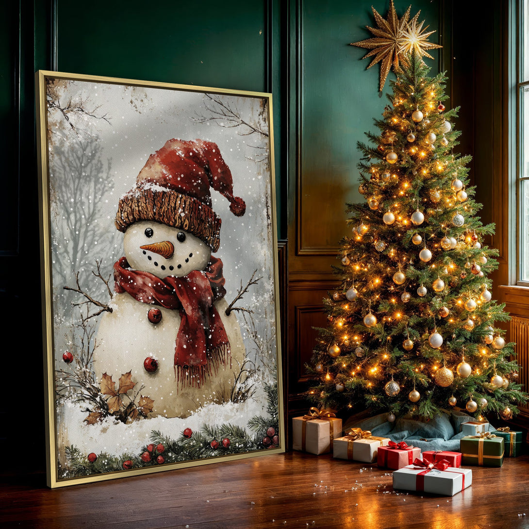 Canvas Print of a charming snowman in a winter scene. Rustic style with a warm red and neutral color palette. Perfect for holiday decor!
