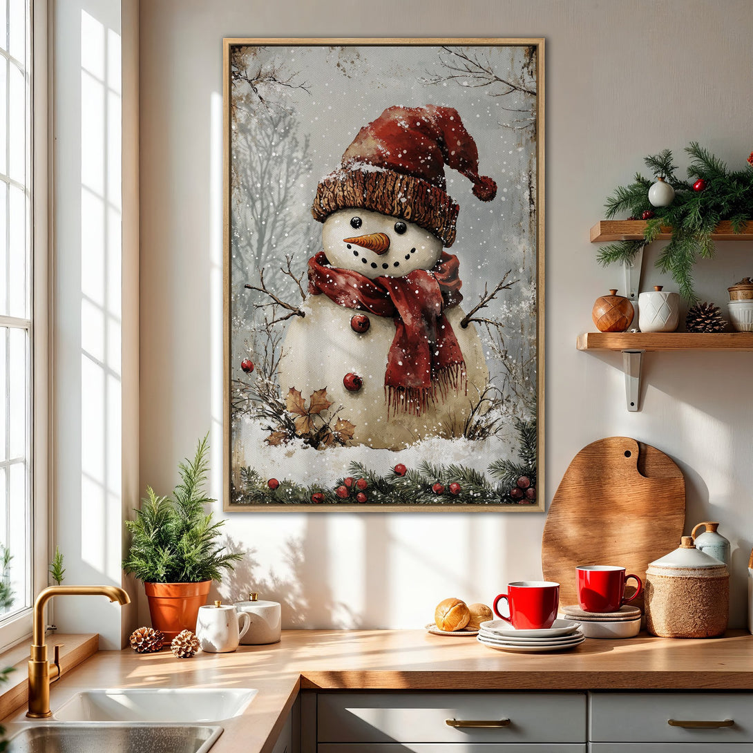 Framed Wall Art featuring a whimsical snowman in a snowy winter scene. Warm red and neutral tones create a cozy, festive vibe. Perfect for holiday decor!