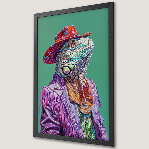 Framed Poster featuring a stylish iguana in a cowboy hat and jacket, vibrant colors on a green background. Unique art for your wall!