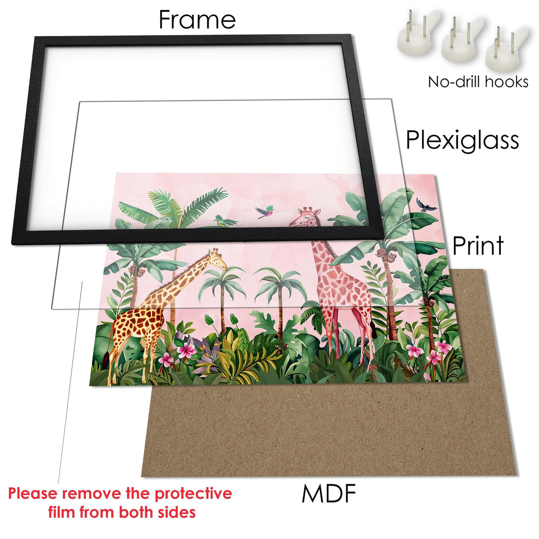 Framed Poster featuring giraffes in a tropical watercolor style, with a pink and green color palette. Perfect wall art!