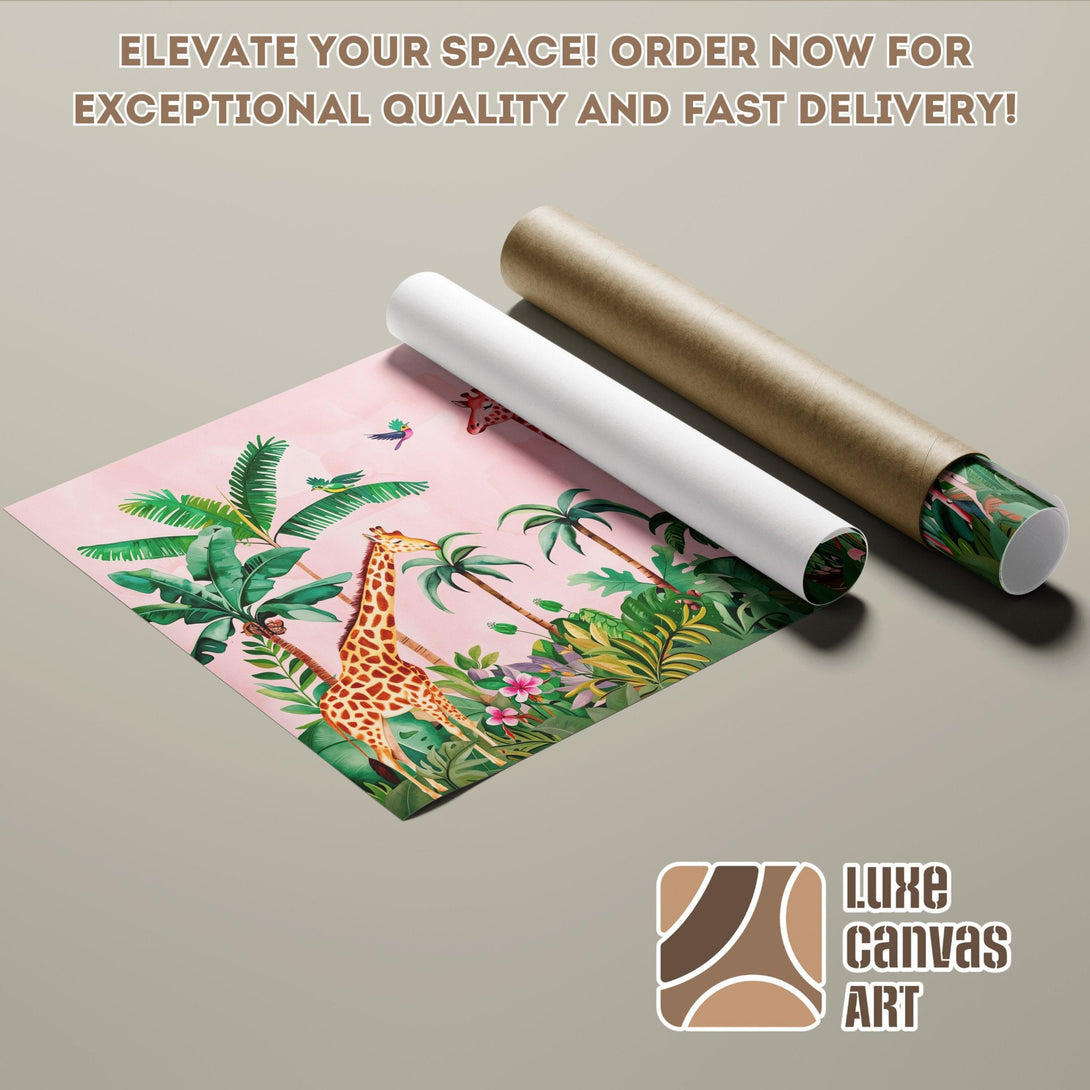 Tropical Poster Roll featuring a giraffe, vibrant colors and botanical style. Elevate your decor!