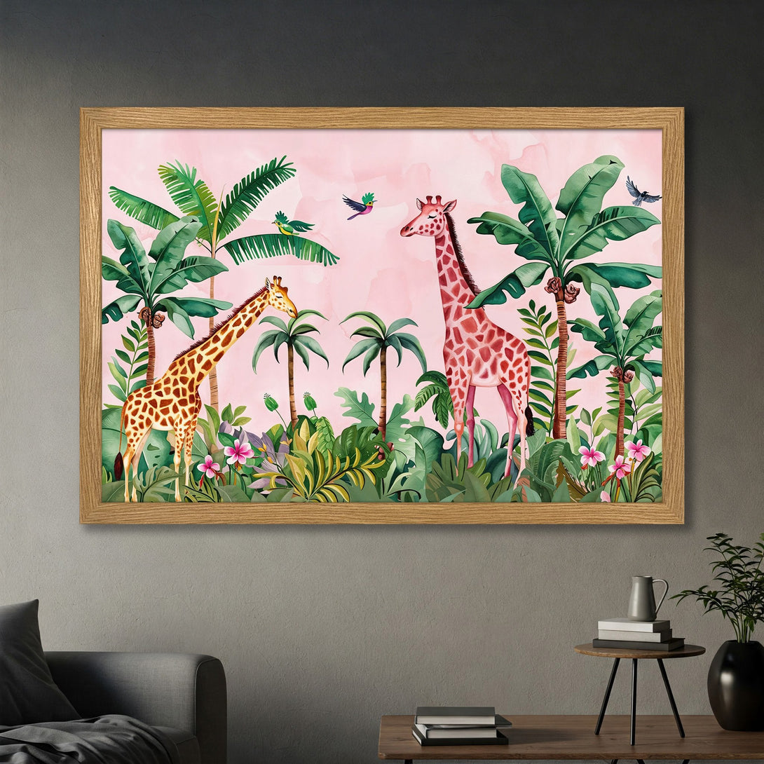 Framed Poster of giraffes in a watercolor jungle scene with pink and green hues, perfect for adding a touch of nature to your home decor.