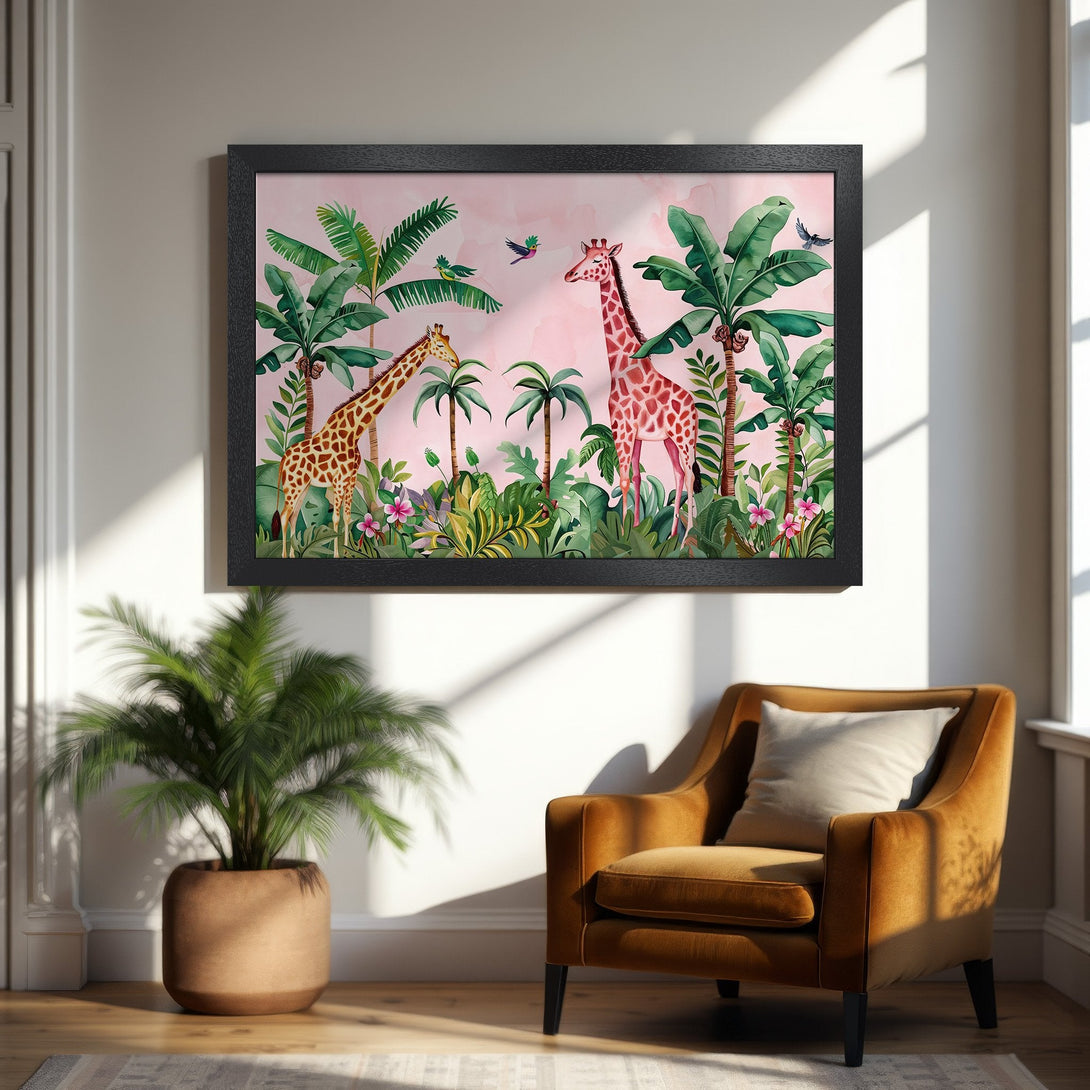 Framed Poster featuring watercolor giraffes and lush greenery on a pink background. Tropical style, vibrant colors. Perfect wall art!