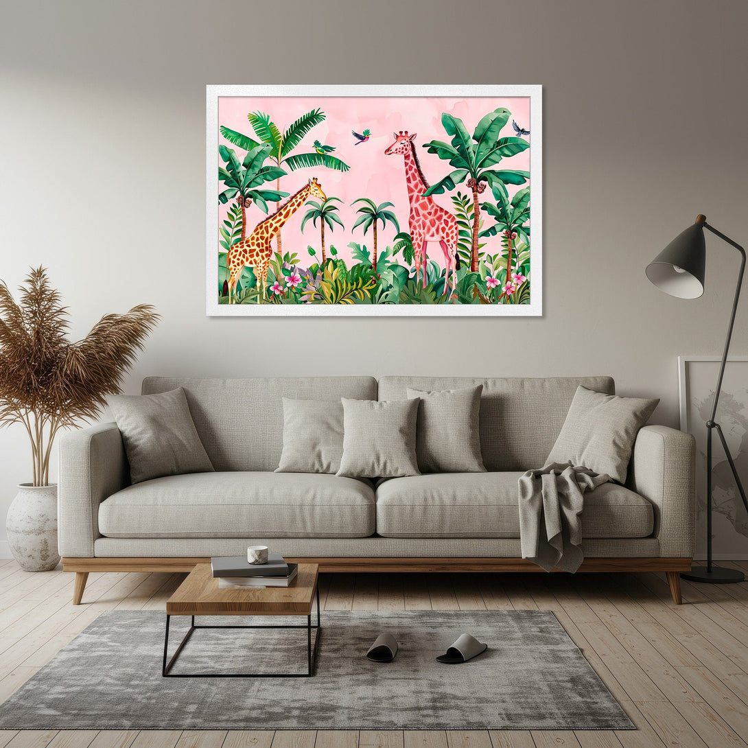 Framed Poster featuring watercolor giraffes in a tropical jungle scene. Pink, green, and brown color palette. Perfect wall art for your home!