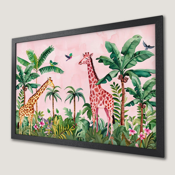 Framed Poster featuring giraffes in a watercolor jungle scene, with a pink and green color palette. Perfect wall art!