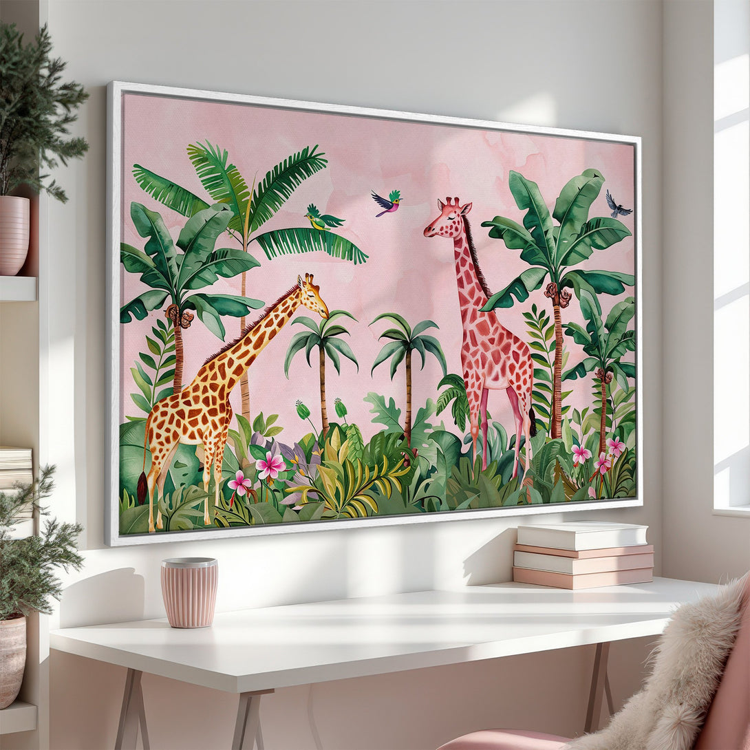 Framed Wall Art featuring giraffes in a tropical scene. Watercolor-style artwork with pink, green, and brown color palette. Perfect for adding a touch of nature!