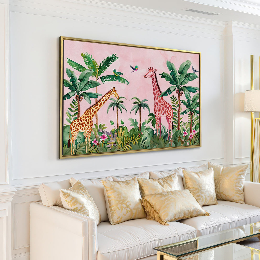 Canvas Print featuring watercolor giraffes and tropical plants in a blush and green palette. Perfect for adding a touch of safari charm to your space!