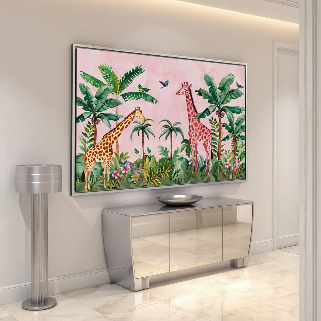 Framed Wall Art: Watercolor giraffe art in a modern interior. Pink, green, and brown color palette. Perfect for adding a touch of nature to your home.