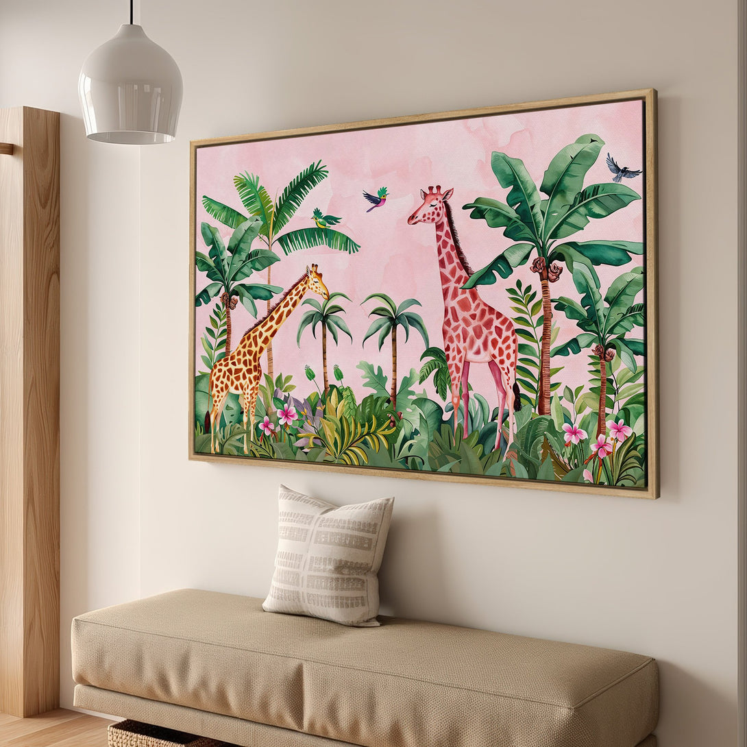 Framed Wall Art featuring giraffes in a vibrant jungle scene. Watercolor style with pink, green, and brown tones. Perfect for adding a touch of nature to your home.