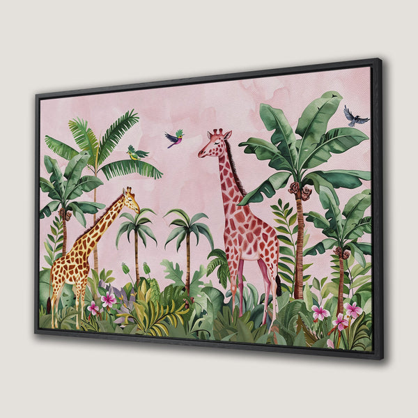 Canvas Print featuring watercolor giraffes in a tropical jungle scene with a pink and green color palette. Perfect wall art for your home!