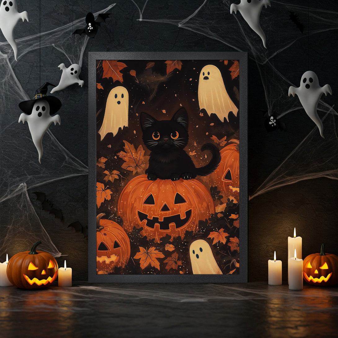 Framed Poster featuring a black cat on a pumpkin, Halloween style, with orange and black color palette, perfect for spooky decor.