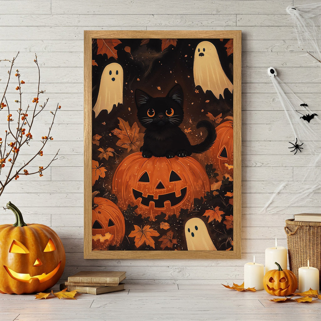 Framed Poster featuring a black cat on a pumpkin with ghosts, in a whimsical style, with orange and black tones for Halloween decor.