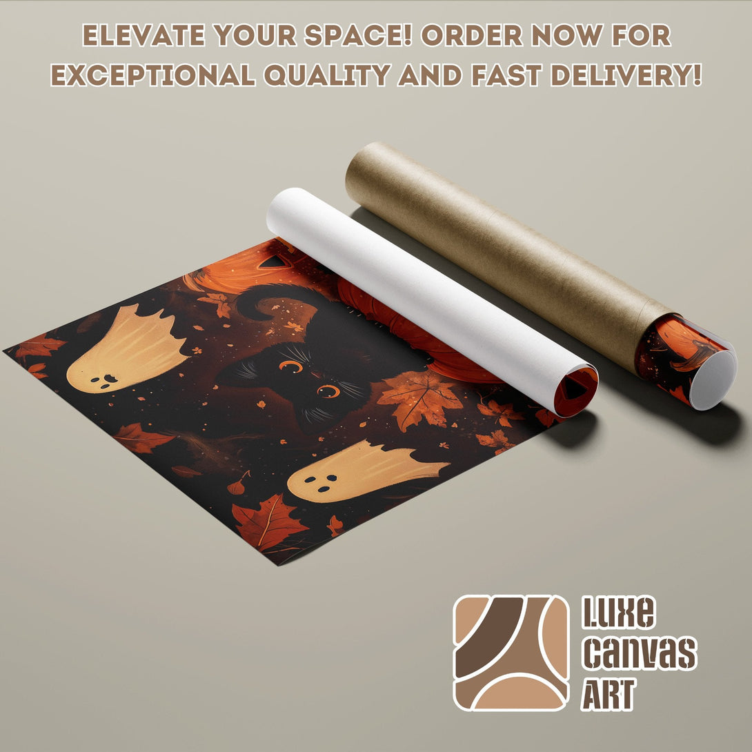 Poster Roll featuring a black cat & ghosts in fall colors. Elevate your space with this unique art!