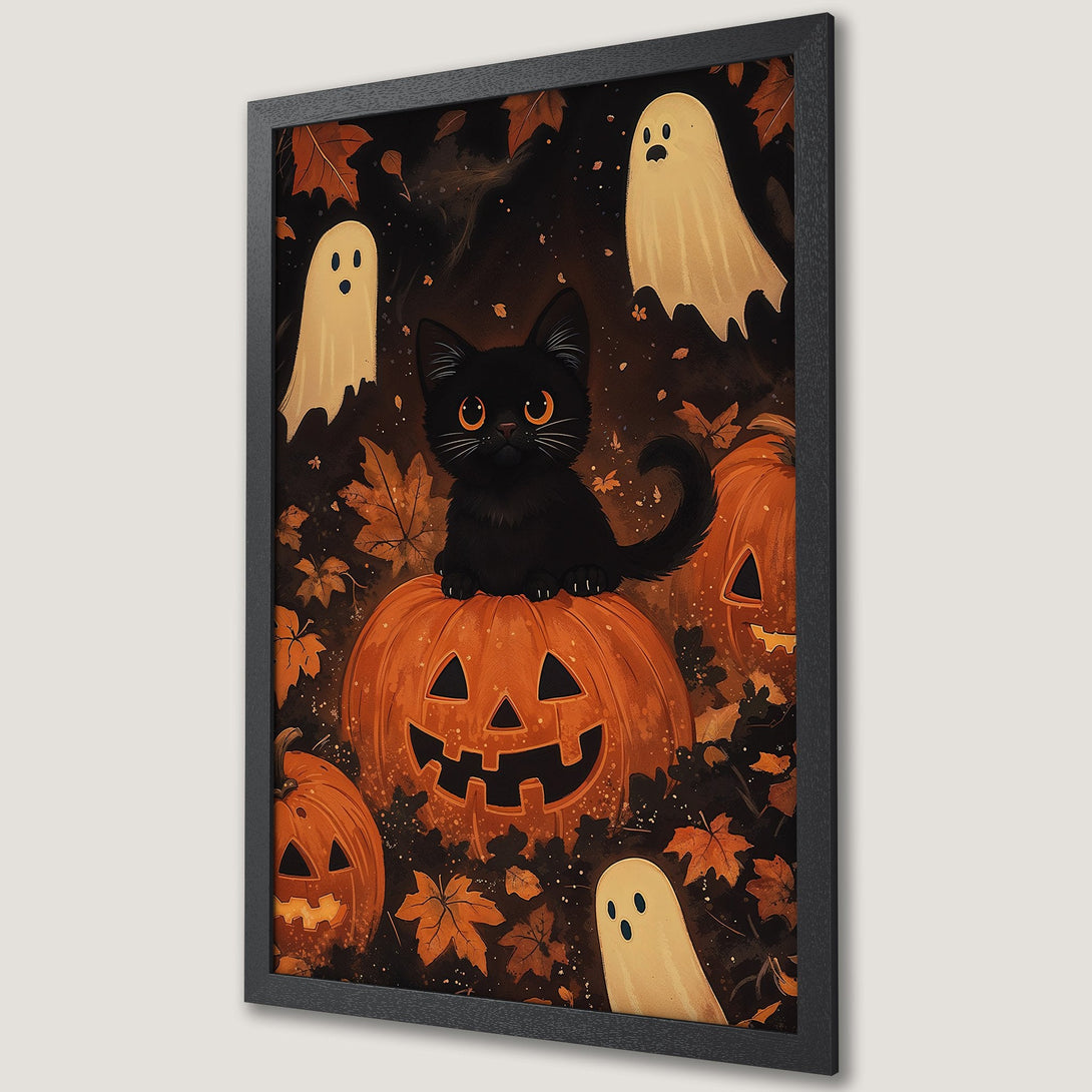 Framed Poster featuring a black cat on a pumpkin with ghosts, fall leaves, and an orange and brown color palette. Perfect Halloween decor!