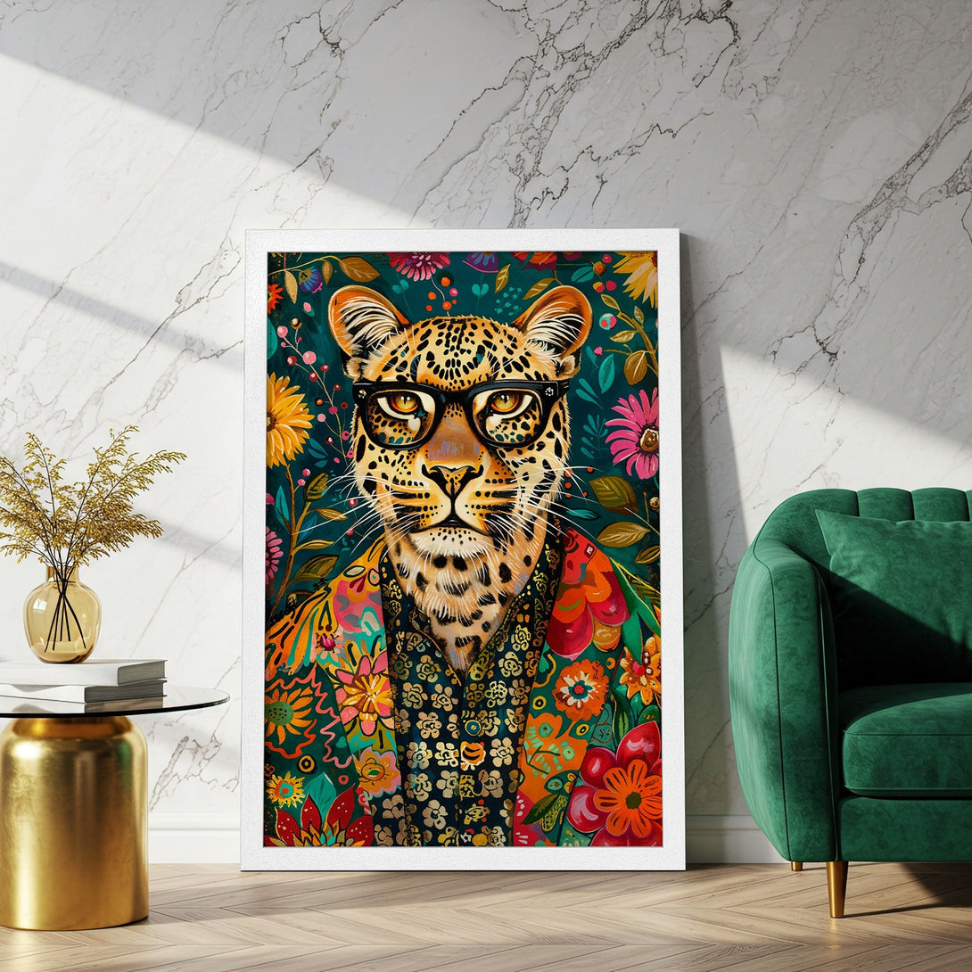 Framed Poster featuring a stylish leopard in vibrant floral print. Bold, colorful art with a tropical palette. Perfect wall decor!