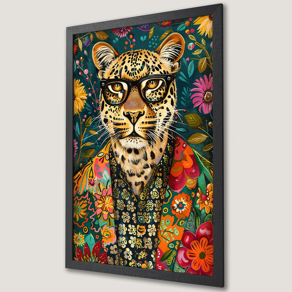 Framed Poster featuring a stylish leopard in glasses, vibrant floral design, and a colorful palette. Perfect wall art!