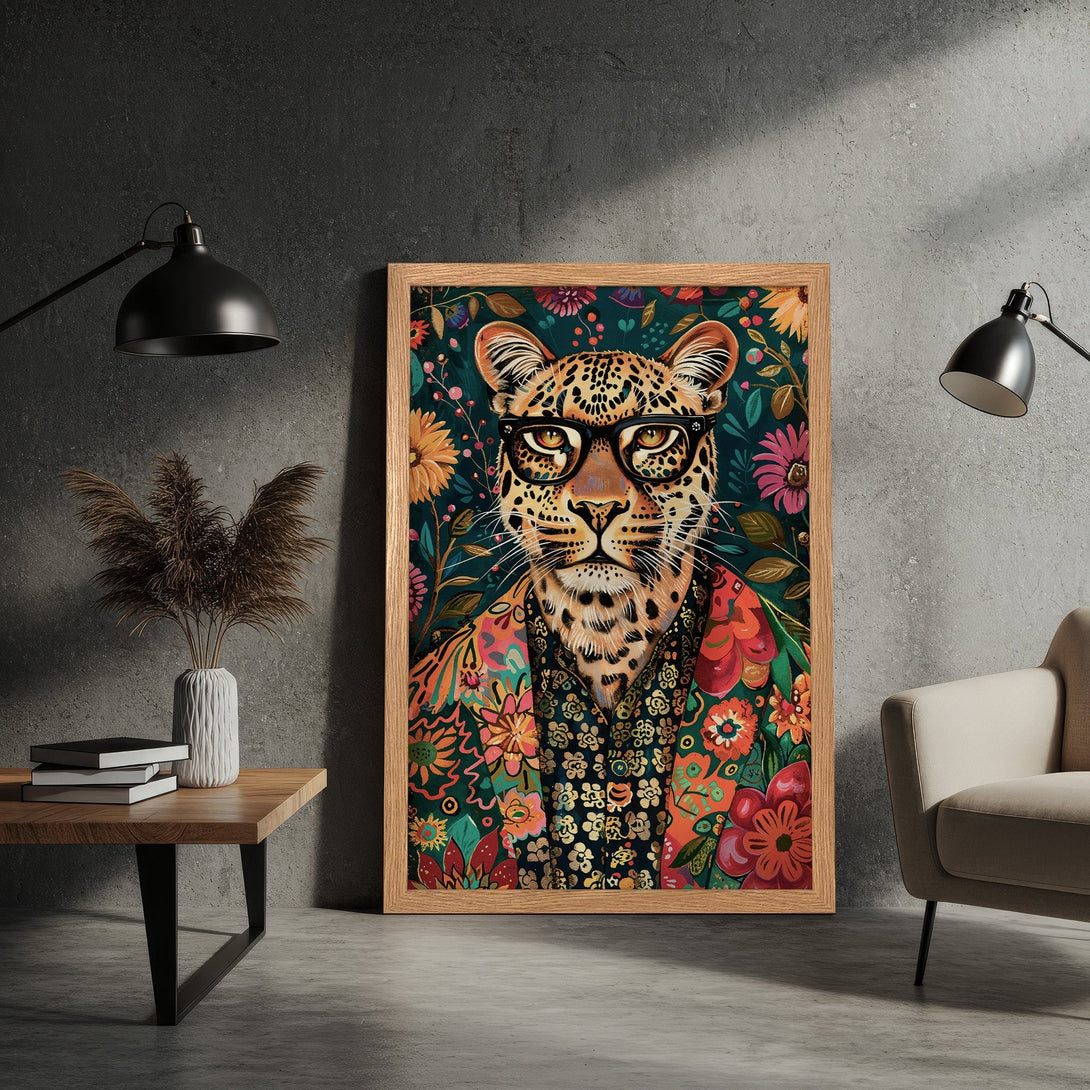 Framed Poster featuring a stylish leopard in glasses, vibrant floral art, and a rich, colorful palette. Perfect wall decor!