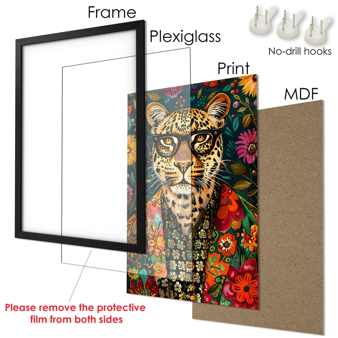 Framed Poster featuring a stylish leopard with glasses in a vibrant floral design, rich color palette. Perfect wall art!