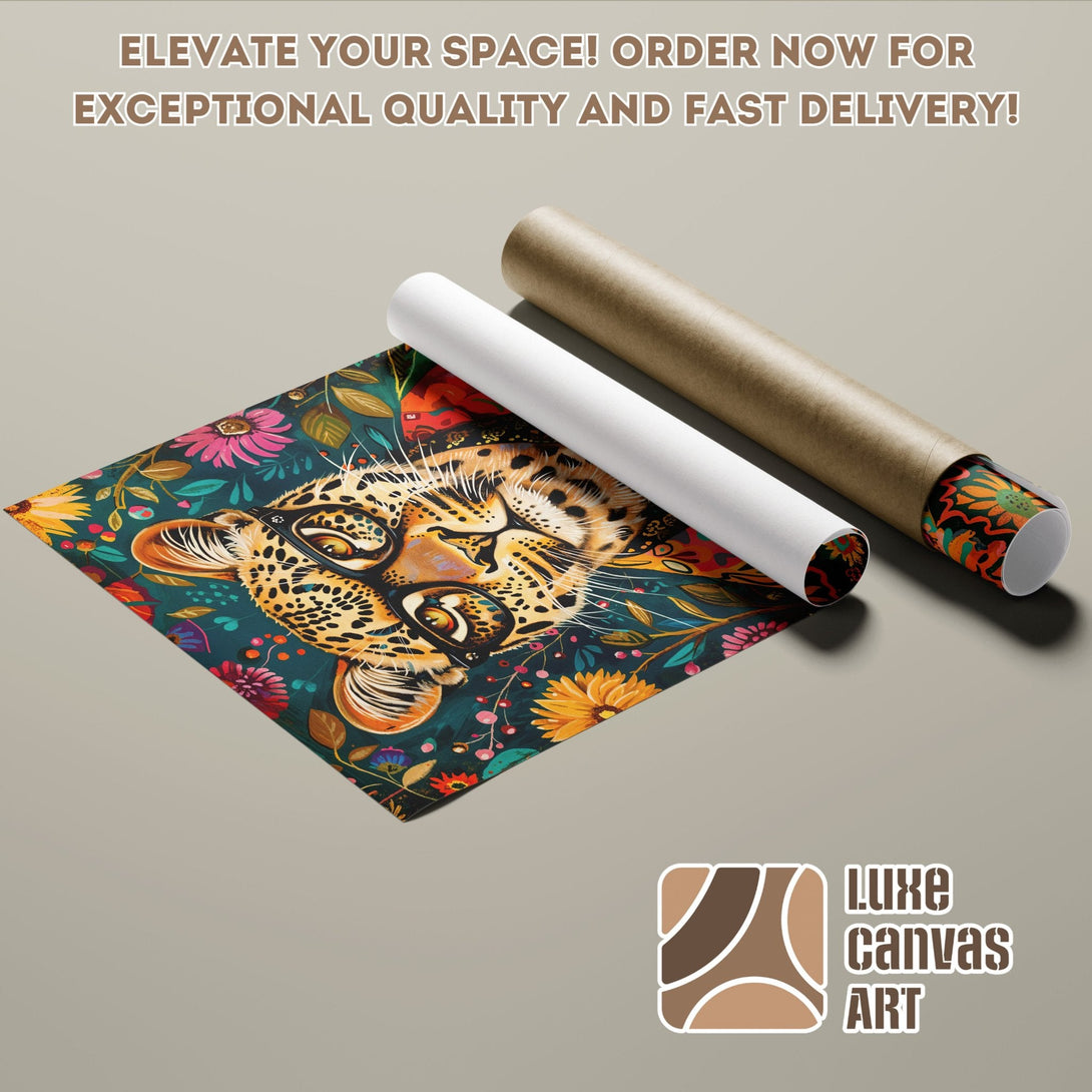 Leopard Poster Roll art print, vibrant colors & floral details. Elevate your space with this stylish wall art. Order your poster today!