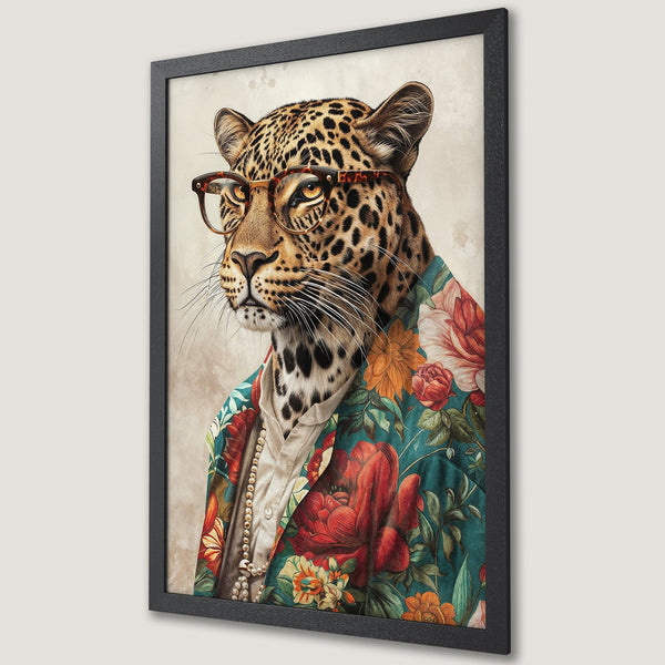 Framed Poster featuring a stylish leopard in glasses and floral shirt, warm color palette, perfect for home decor.