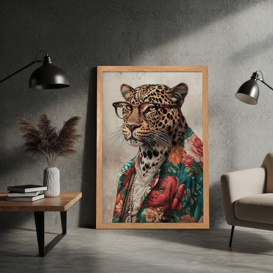Framed Poster featuring a stylish leopard in a floral shirt. Artistic style with a warm, earthy color palette. Add a touch of wild to your decor!