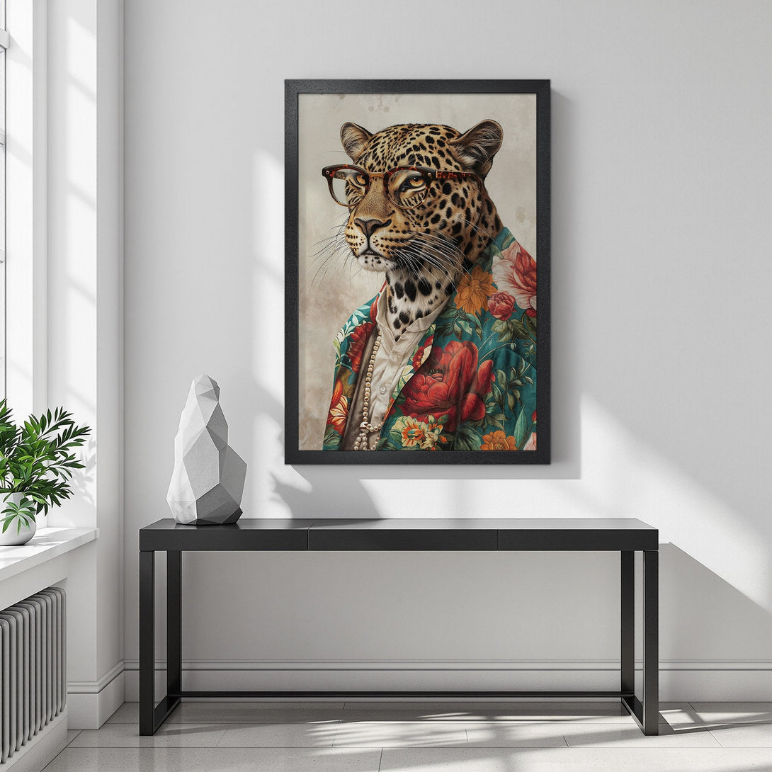 Framed Poster featuring a stylish leopard in a floral shirt. Earthy tones with pops of teal and red in a modern art style. Perfect wall decor!