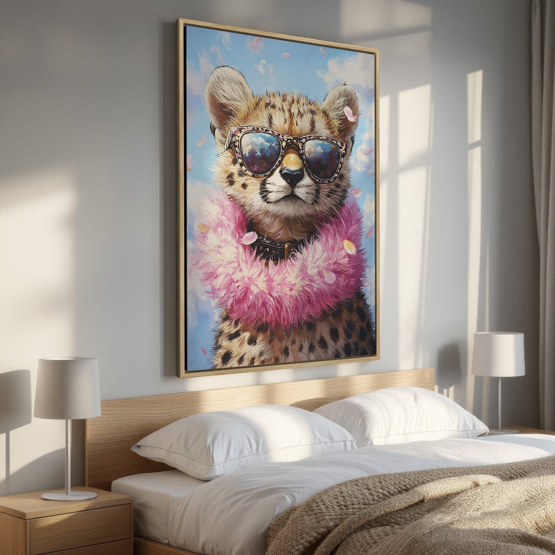 Framed Wall Art: Cool cheetah portrait with sunglasses and pink boa. Whimsical painting with blue, pink, and neutral tones. Perfect bedroom decor.