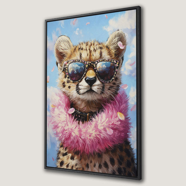 Framed Wall Art: Stylish cheetah portrait with sunglasses and pink boa, vibrant colors. Perfect for adding a playful touch to your decor.