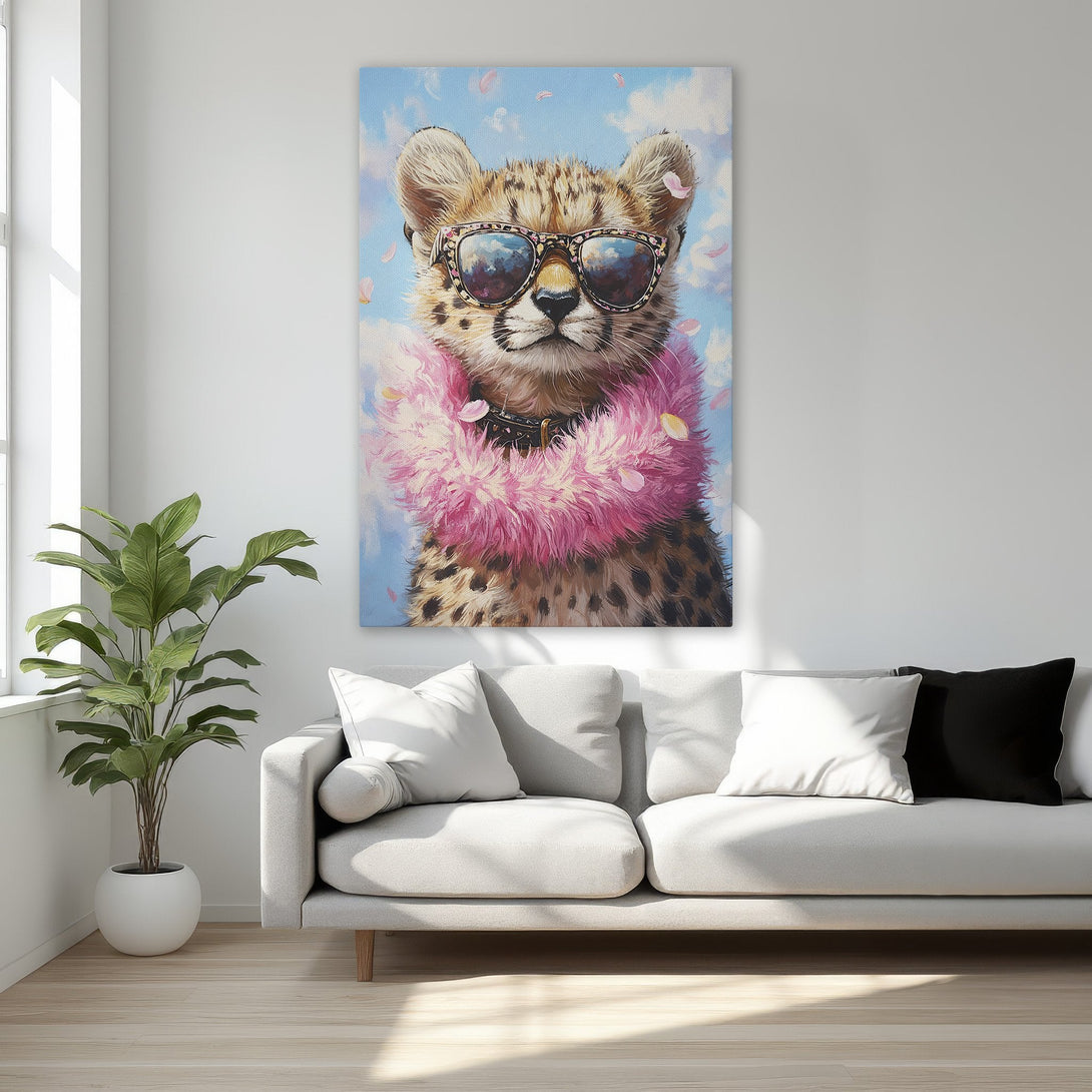 Framed Wall Art: Playful cheetah wearing sunglasses, pink boa, & blue sky background. Modern art with a fun, colorful palette. Perfect for home decor!