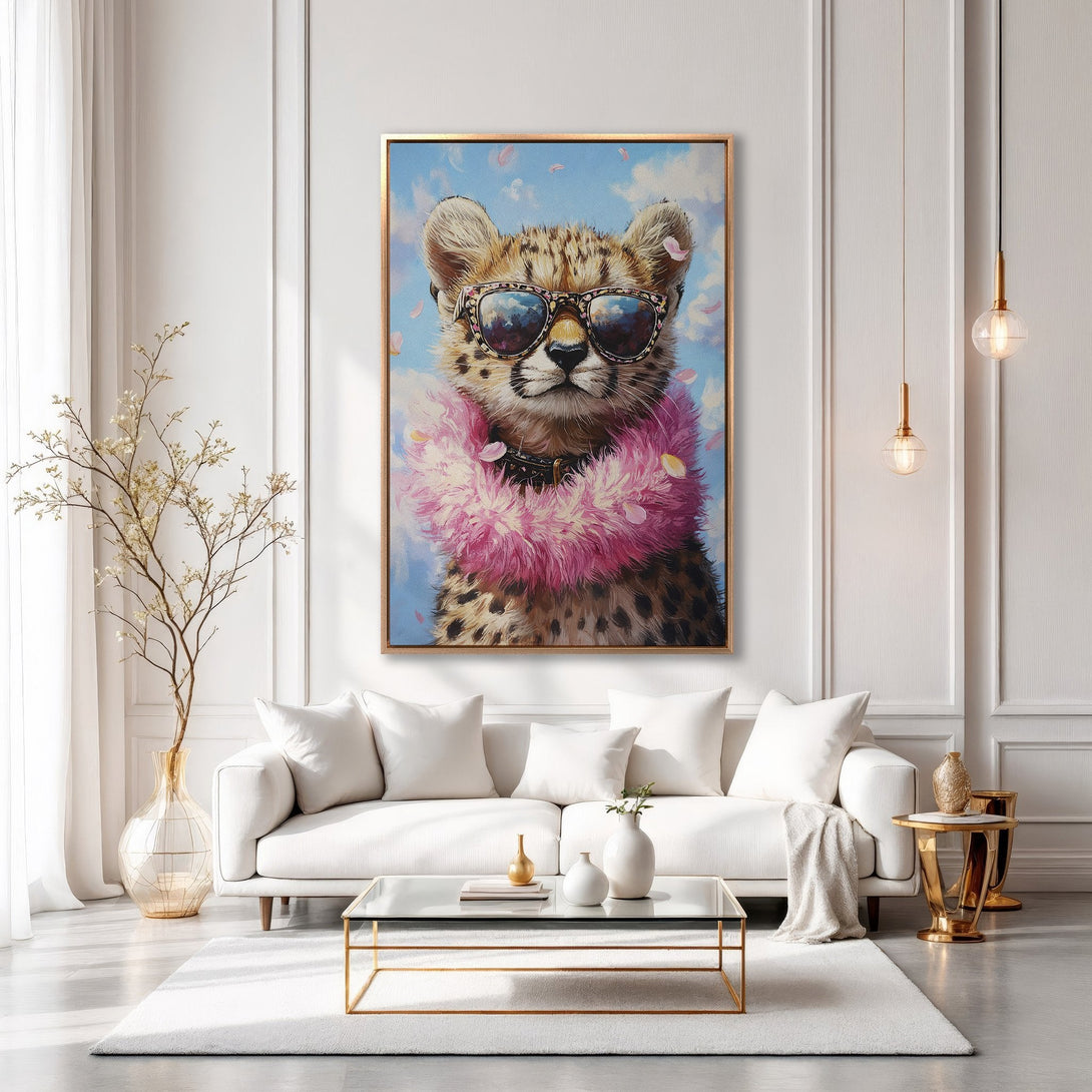 Framed Wall Art: Stylish cheetah portrait with sunglasses and pink boa. Modern, colorful art for home decor. Adds a playful touch to any interior.