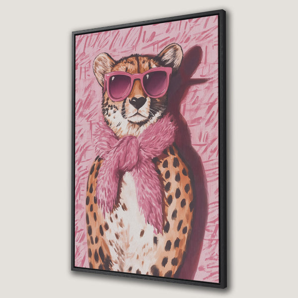 Framed Wall Art featuring a stylish cheetah wearing sunglasses and a pink scarf. The canvas print has a pop art style with a pink and brown color palette.