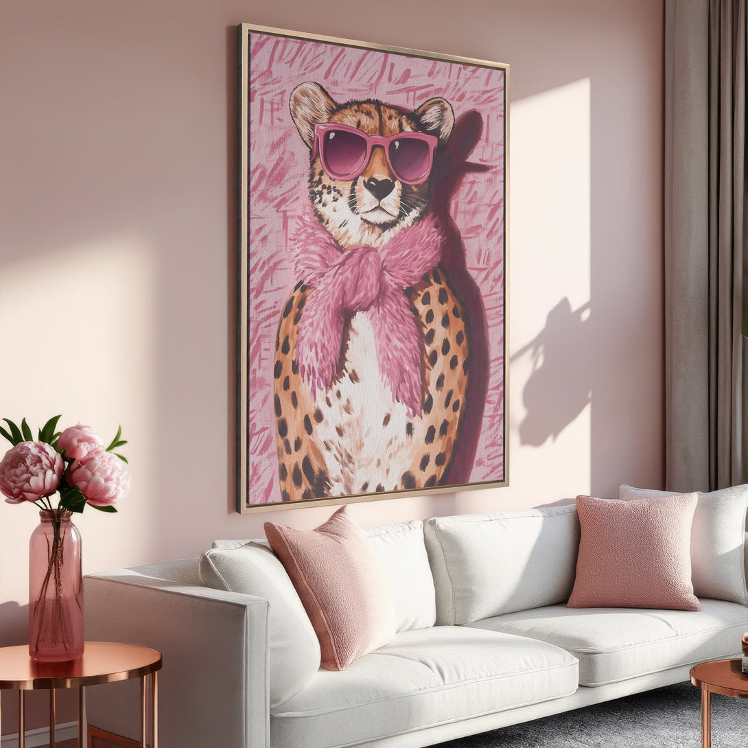 Framed Wall Art: Stylish cheetah print in pink & gold tones. Modern art for living room decor. Add a touch of chic to your space!