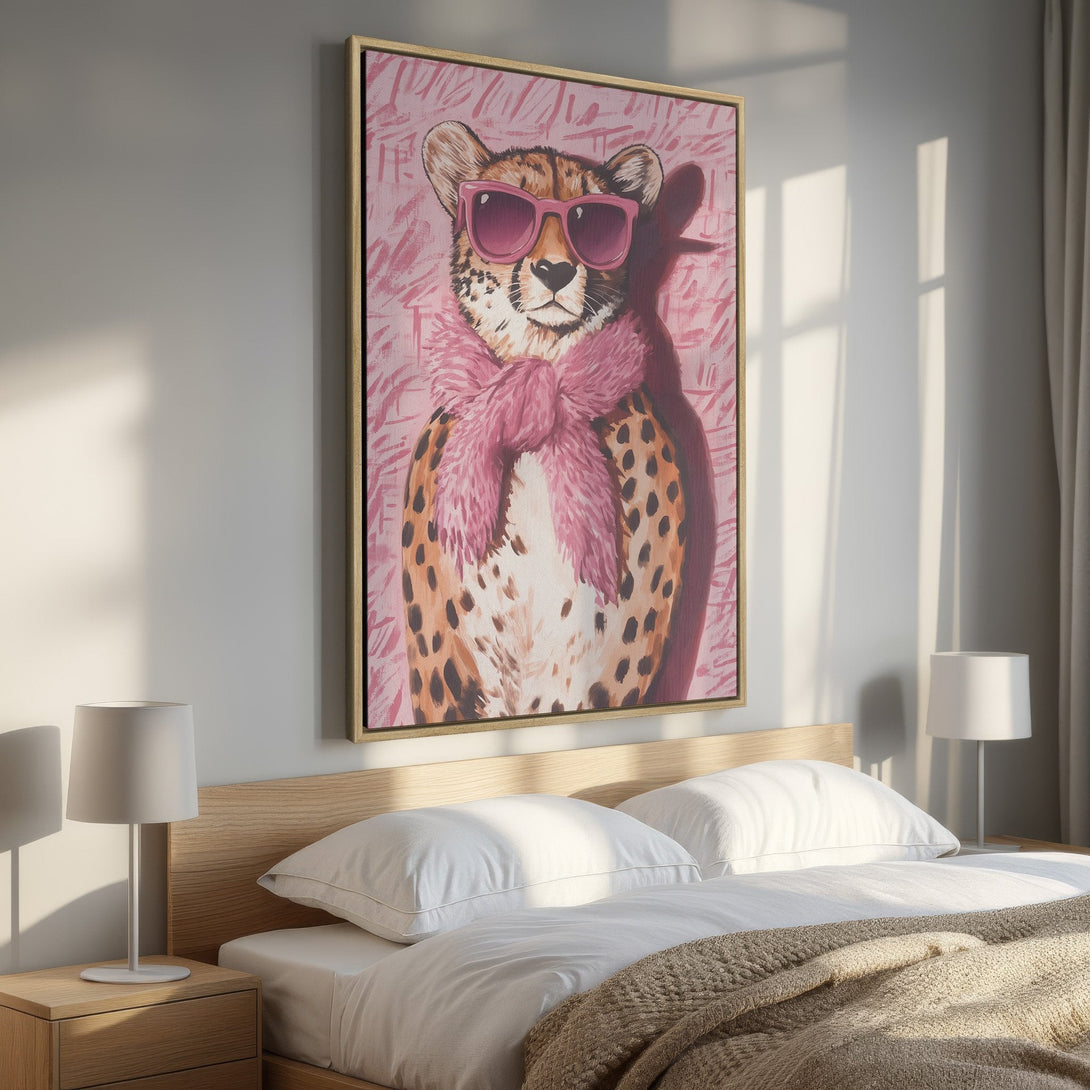 Framed Wall Art: Stylish cheetah portrait in pink & brown tones. Modern canvas print perfect for bedroom decor. Add a touch of wild style to your space!