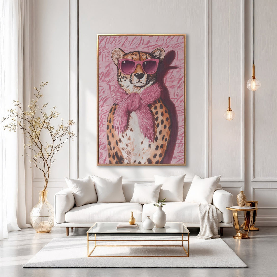 Framed Wall Art: Stylish cheetah in pink sunglasses & scarf. Modern art with a blush & gold color palette. Perfect for chic home decor.
