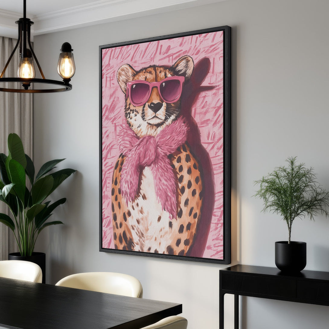 Framed Wall Art: Stylish cheetah portrait in pink and brown tones. Add a touch of modern flair to your space with this unique canvas print. Shop now!