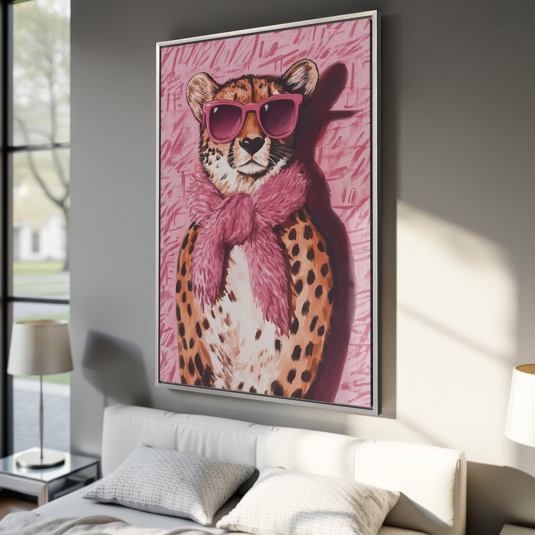 Framed Wall Art: Stylish cheetah portrait in pink & orange hues. Modern canvas print adds a pop of personality to any space. Shop now!