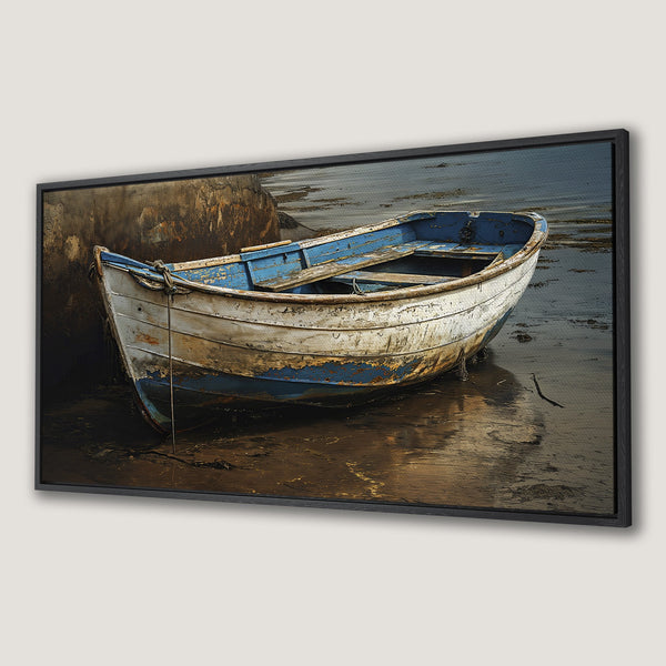 Framed Wall Art: Rustic boat on shore. Coastal art print with blue, white, and brown color palette. Perfect nautical decor for your home.