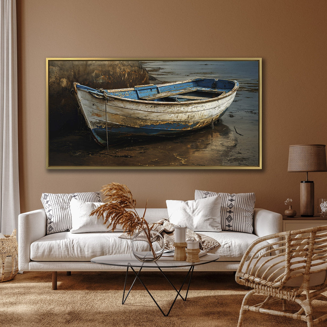 Canvas Print: Coastal boat art in muted blues and browns. Rustic style wall decor for a calming interior. Perfect for living rooms and bedrooms.