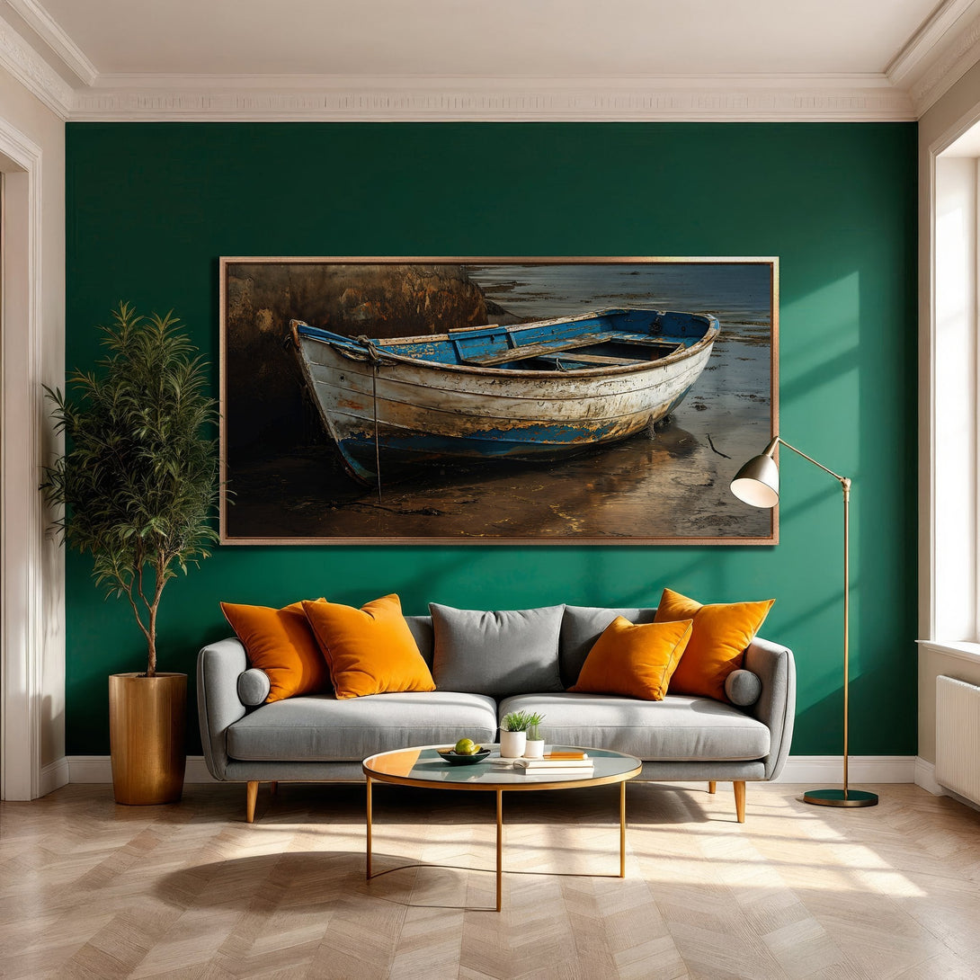 Framed Wall Art: Coastal boat painting in a modern living room. Features a blue and white boat on a beach with a warm, inviting color palette.