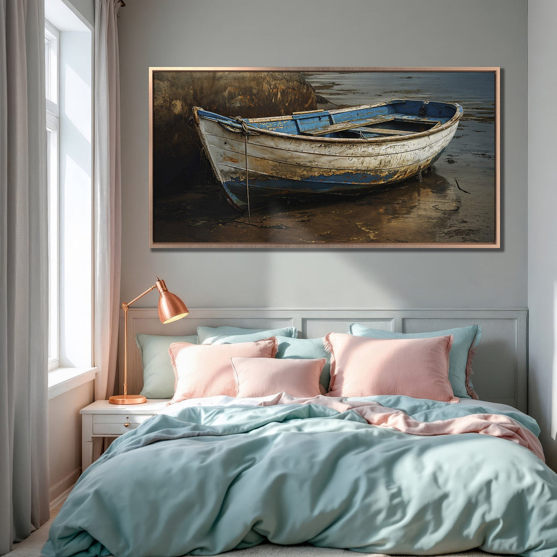 Framed Wall Art: Coastal boat scene in a bedroom. Rustic style with blue, white, and brown tones. Perfect decor for a serene and stylish space.